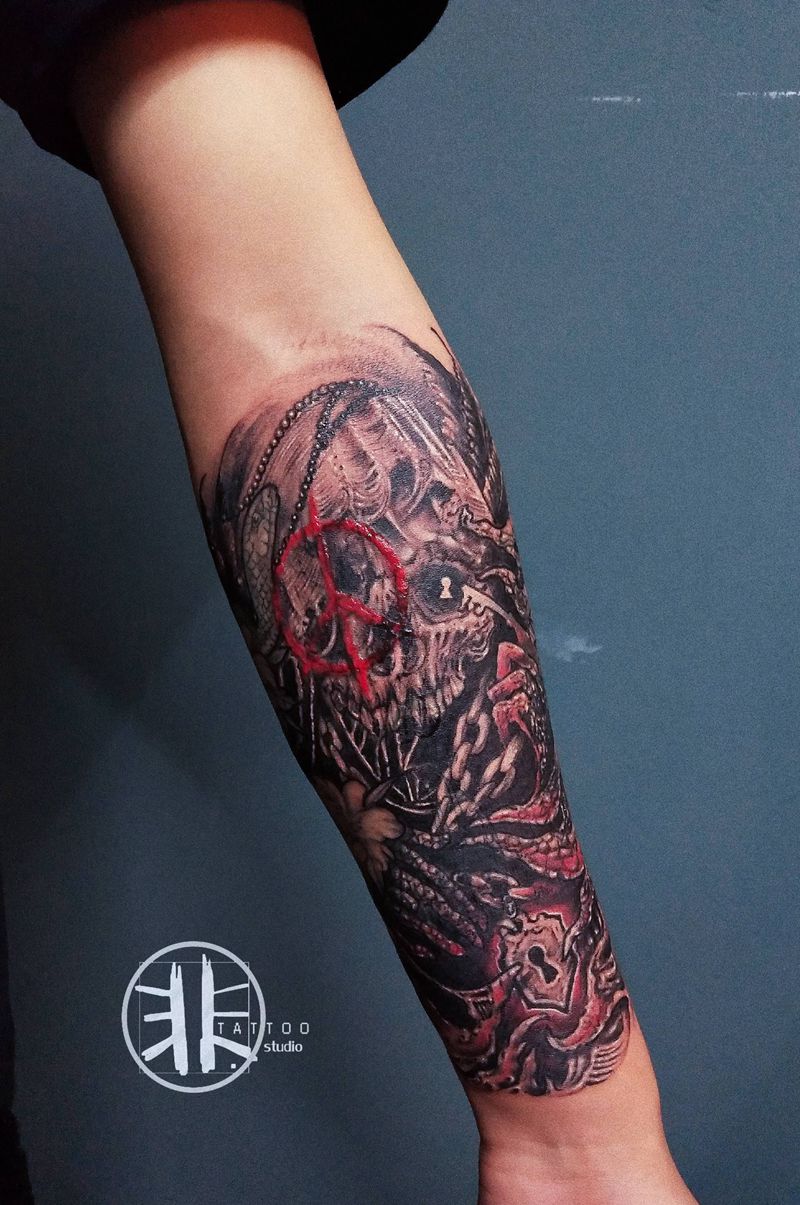 暗黑系骷髅纹身图片_手臂欧美写实骷髅暗黑系遮盖旧纹身图案