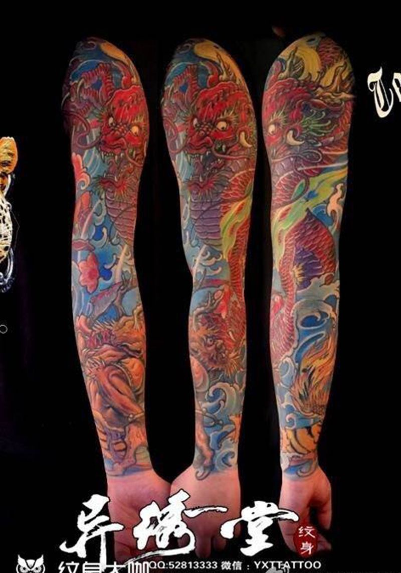 屠龙 彩色花臂纹身图片_手臂手部传统动物鬼神原创纹身图案