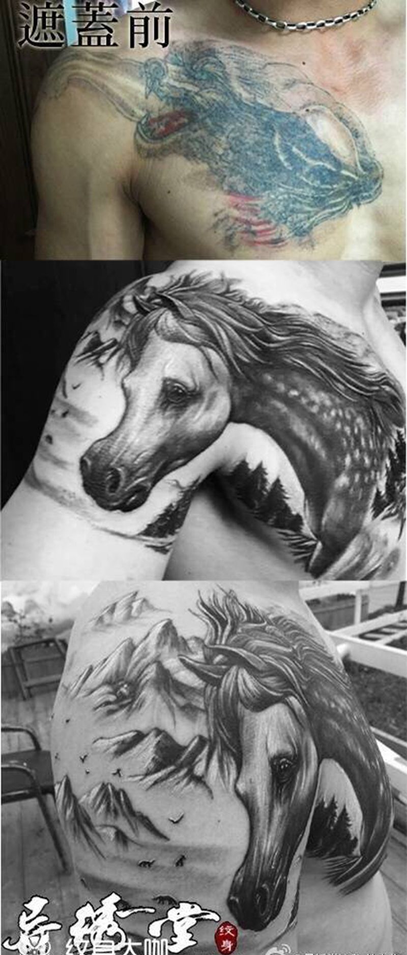 阿拉伯马纹身图片_成品胸部原创欧美动物肩部纹身图案