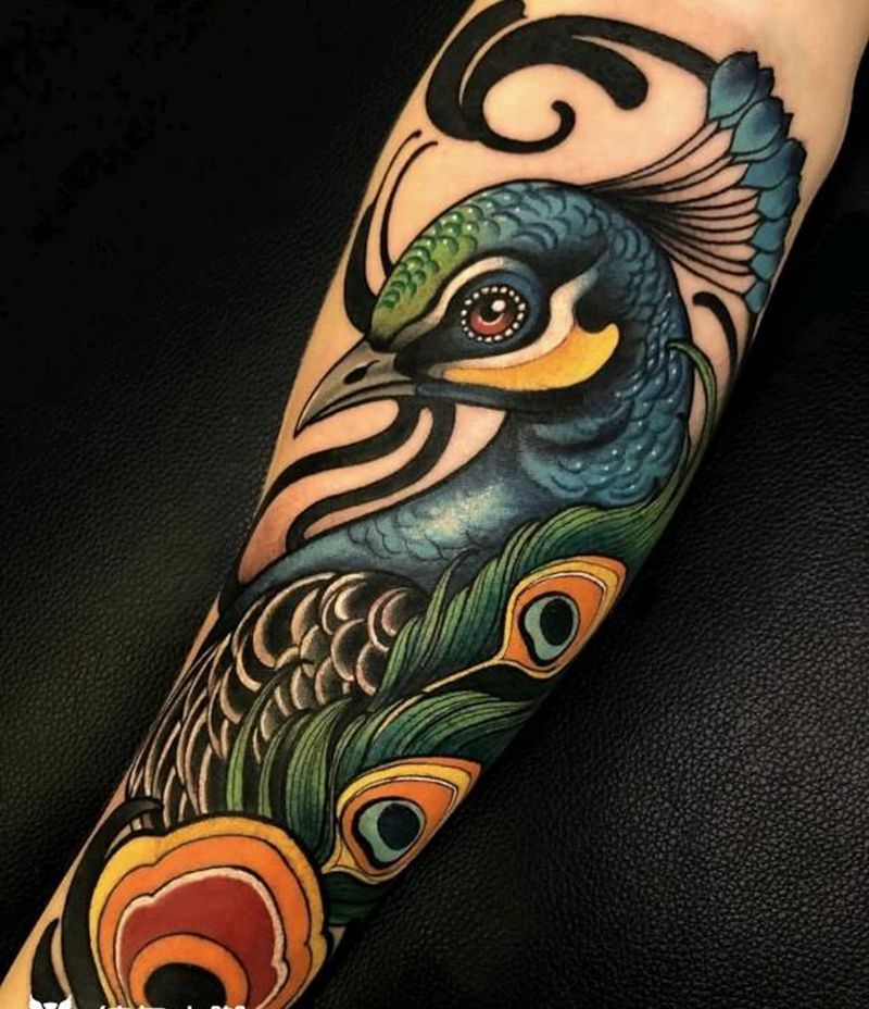 孔雀纹身图片_手臂New School纹身图案