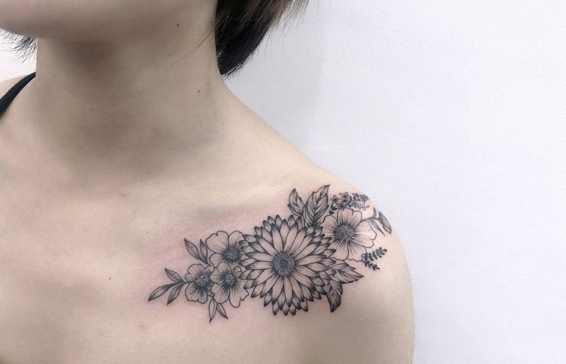 雏菊纹身图片_肩部小清新纹身图案