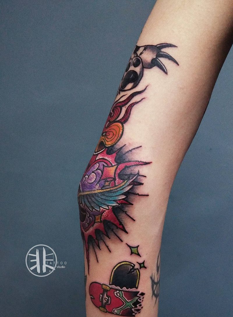 花臂拼接纹身图片_New SchoolOld School欧美花臂滑板纹身图案