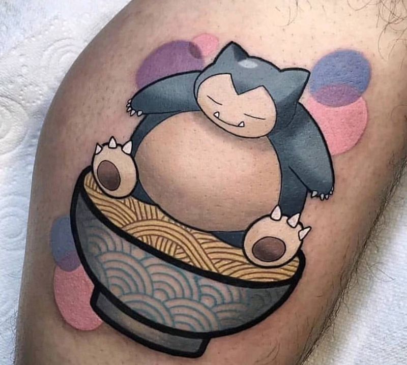 做个小吃货纹身图片_腿部New School水彩纹身图案