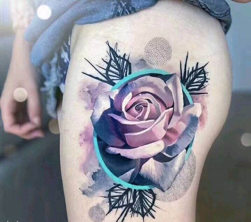 水彩玫瑰花纹身图片_腿部水彩纹身图案