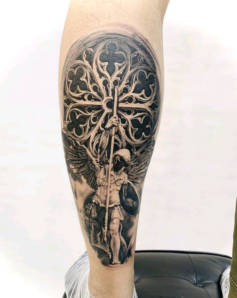 写实天使纹身图片_腿部欧美写实纹身图案