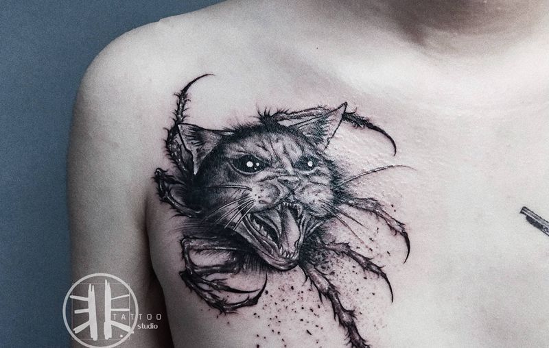 暗黑系猫纹身图片_胸部点刺Old School暗黑系蜘蛛猫纹身图案