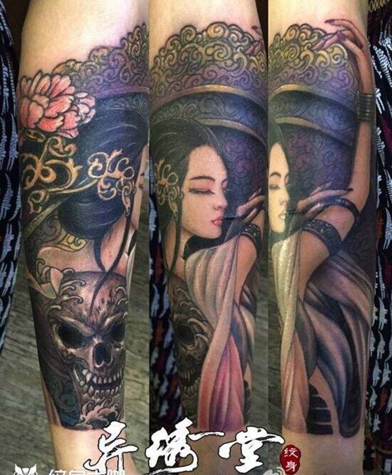 女娲插画纹身图片_插画手臂传统肖像人物鬼神纹身图案