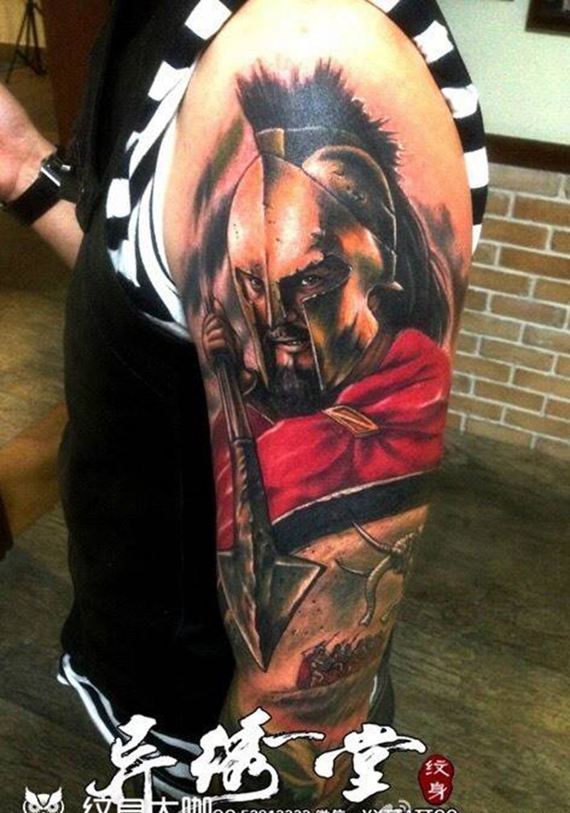 300斯巴达勇士纹身图片_成品肩部手臂手部欧美写实肖像人物纹身图案