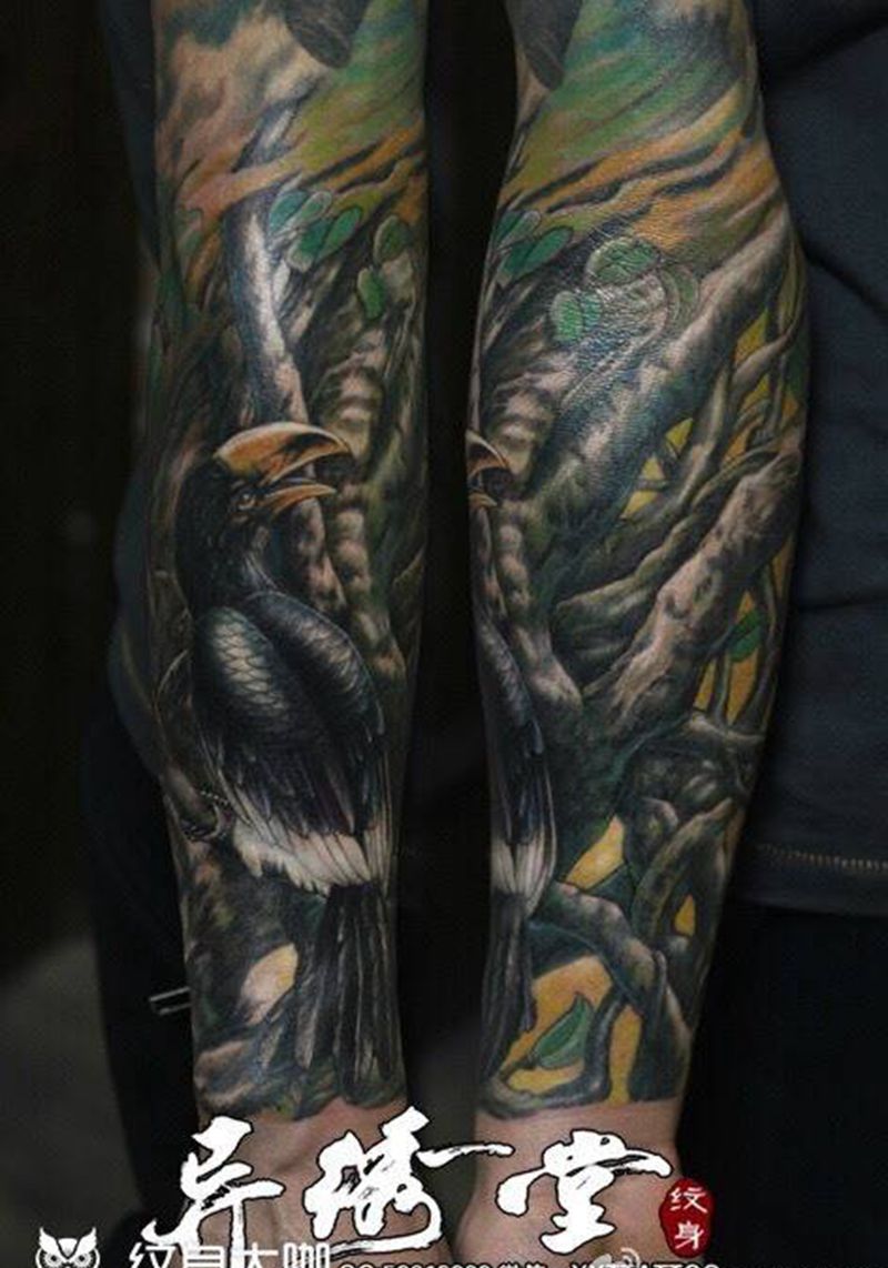 丛林之歌纹身图片_成品手臂手部欧美写实动物植物原创纹身图案