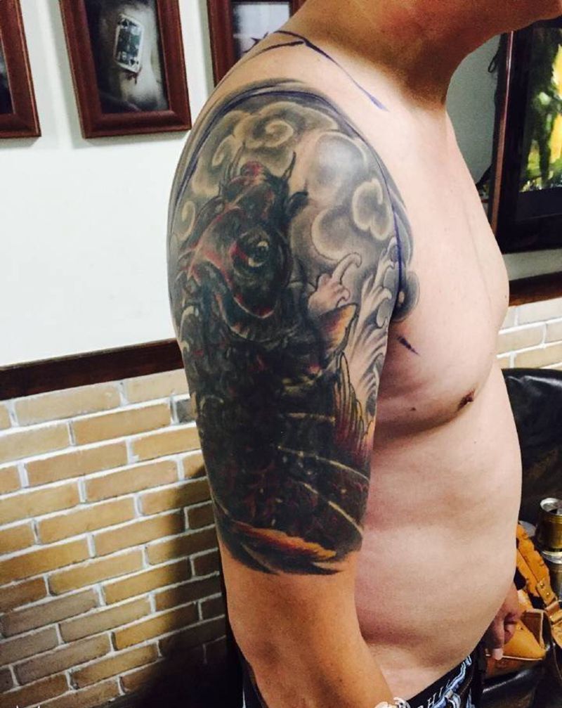 暴力遮盖大黑天 玛哈嘎啦纹身纹身图片_成品肩部手臂手部传统肖像人物鬼神原创宗教纹身图案