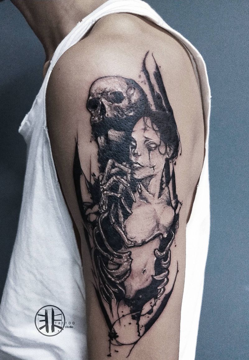 暗黑系纹身图片_手臂肩部点刺欧美写实暗黑系纹身图案