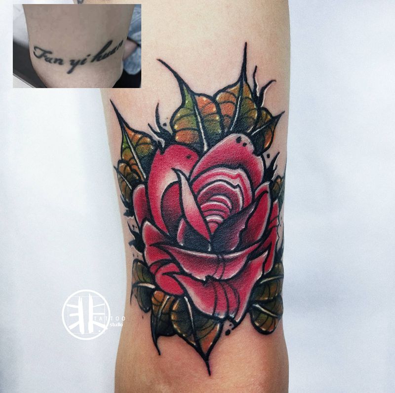 遮盖旧纹身纹身图片_手臂New School玫瑰花遮盖旧纹身图案