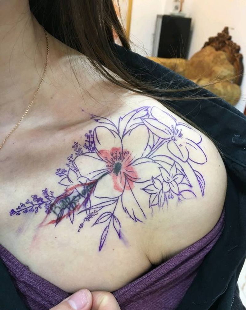 素花遮盖旧纹身纹身图片_颈部小清新纹身图案