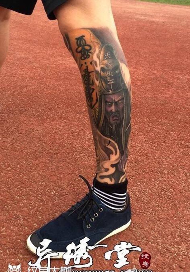 黑白无常纹身图片_成品腿部传统习俗肖像人物鬼神纹身图案