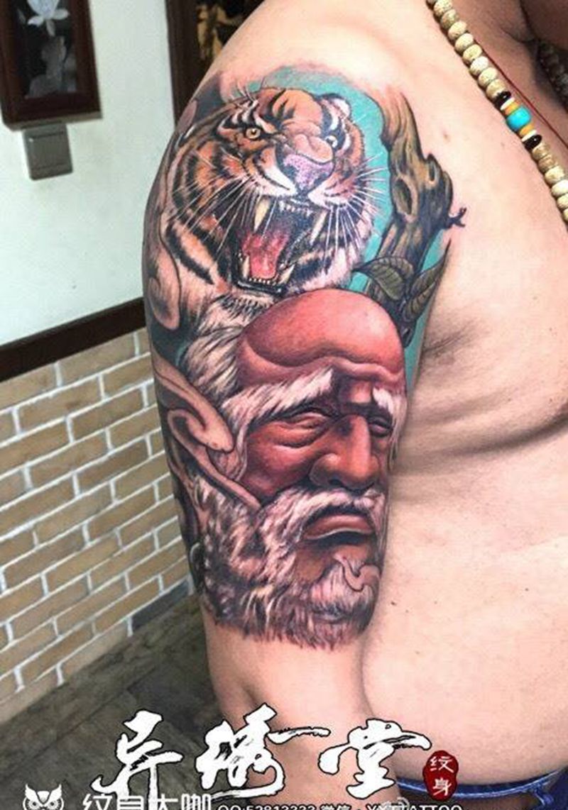 达摩老虎头纹身图片_成品手稿手臂肖像国画传统写实人物宗教原创纹身图案