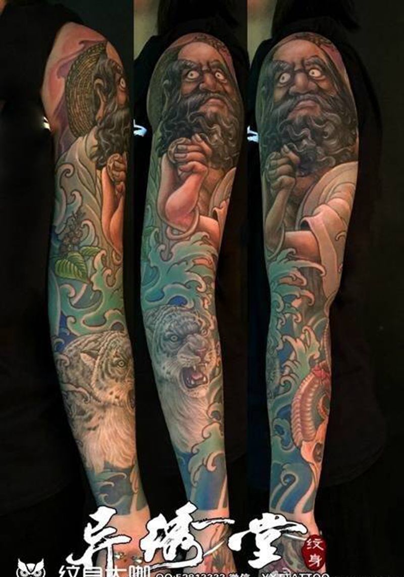 达摩花臂纹身图片_成品手臂手部传统人物动物植物纹身图案