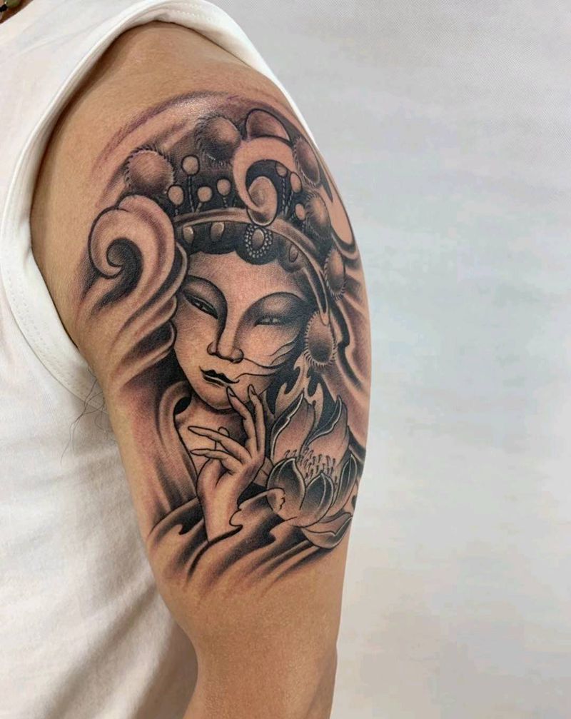 花旦纹身图片_手臂新传统黑灰纹身图案