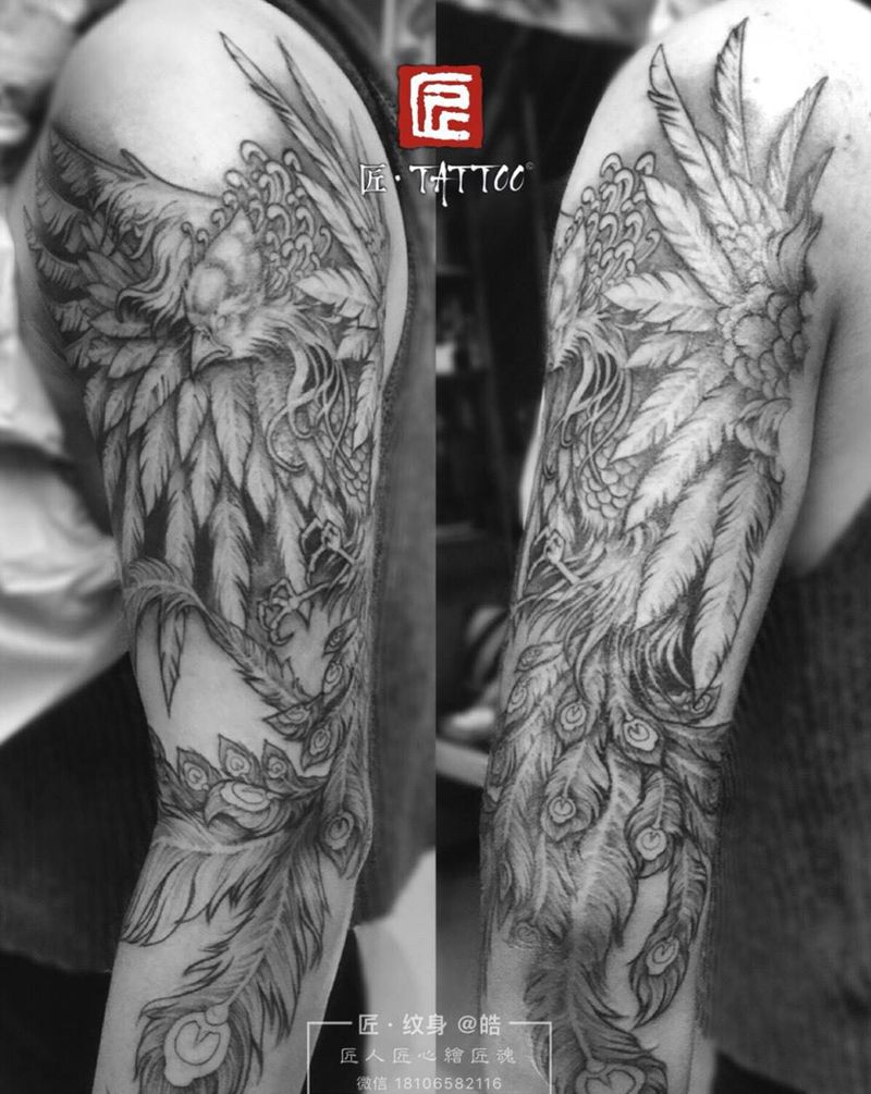 鳳凰花臂七分袖纹身图片_成品手臂欧美写实动物鬼神原创纹身图案