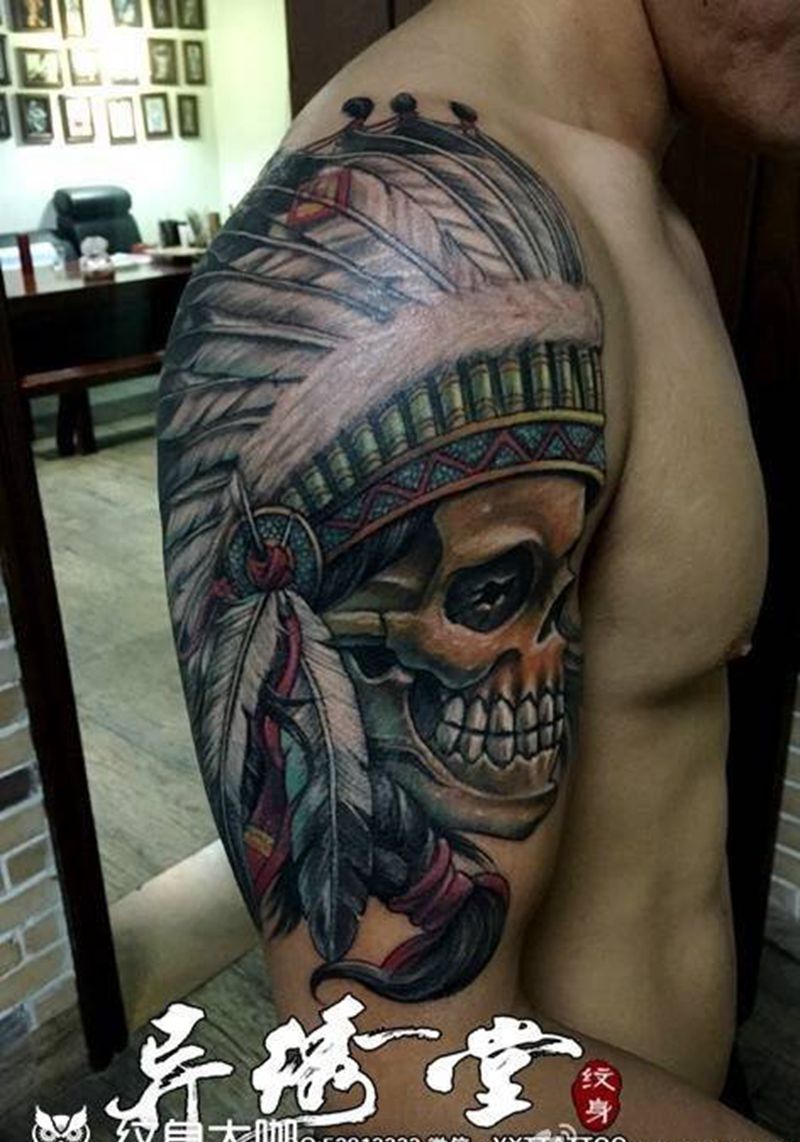 印第安人骷髅纹身图片_手臂欧美人物原创纹身图案