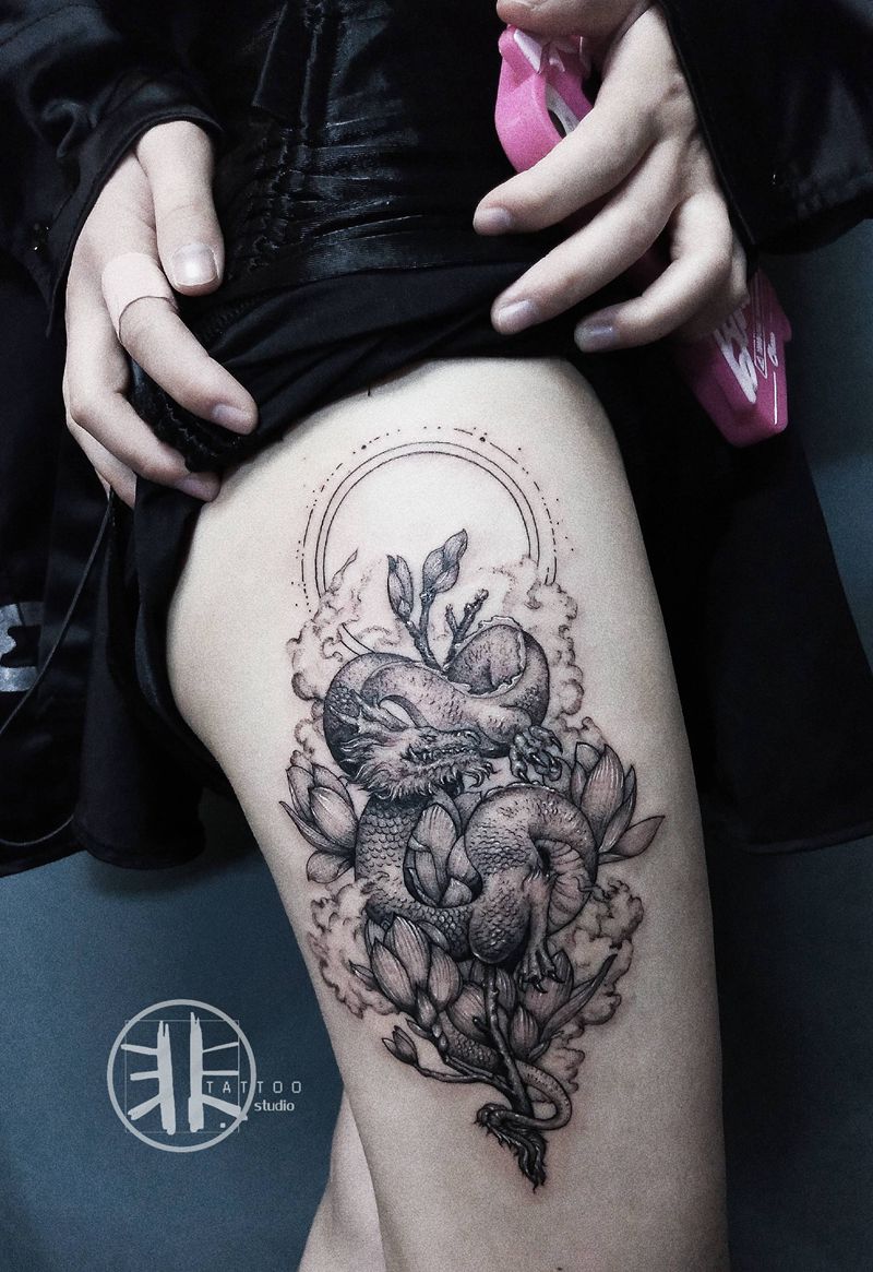 单针素描 龙纹身图片_臀部腿部点刺单针素描纹身图案