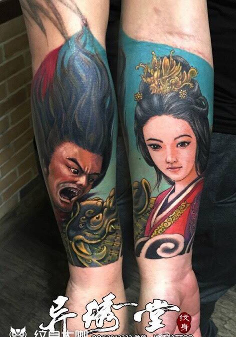 吕布与貂蝉纹身图片_成品手臂手部欧美肖像人物原创写实纹身图案
