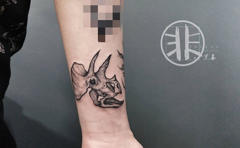 三角龙纹身图片_手臂点刺单针素描纹身图案