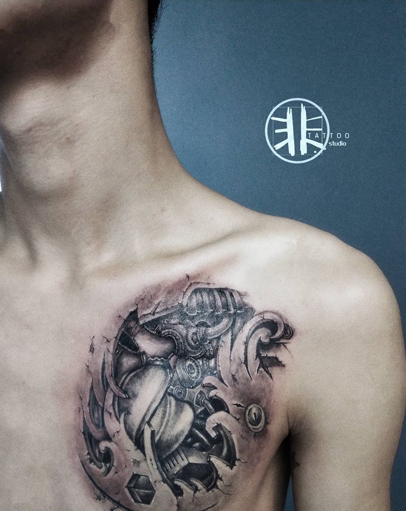 机械心脏纹身图片_胸部欧美写实机械心脏纹身图案