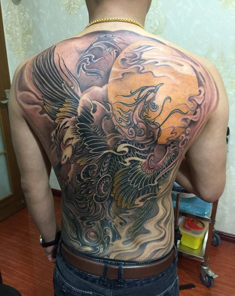 凤凰纹身纹身图片_满背凤凰成品背部传统动物原创纹身图案