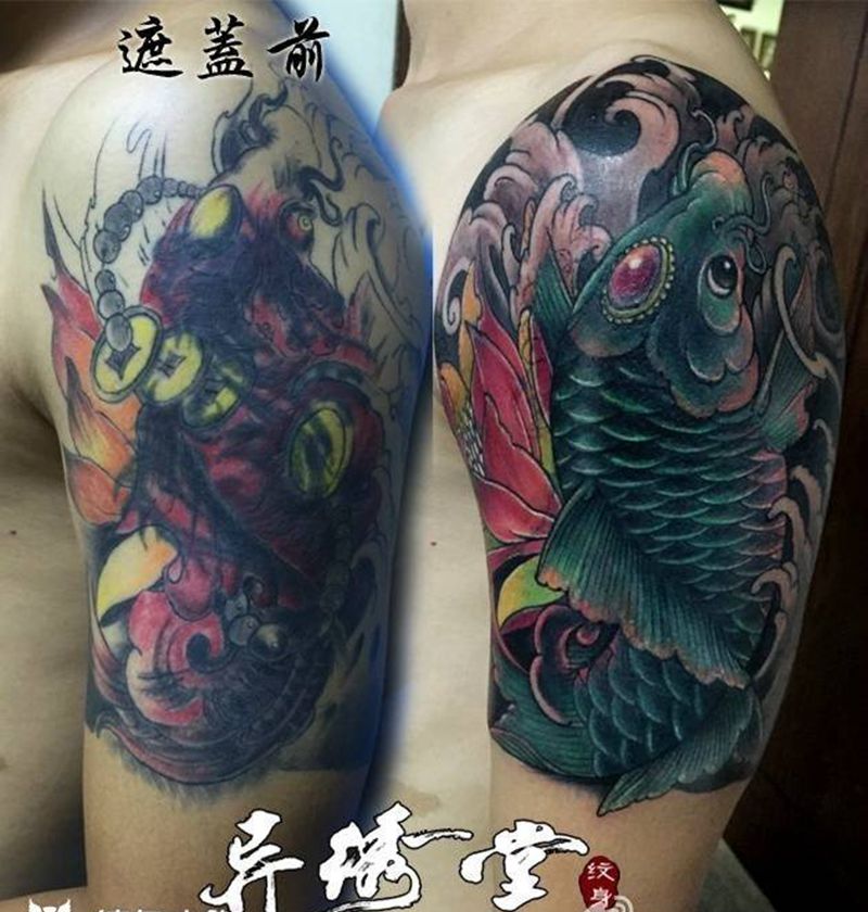 修改遮盖作品纹身图片_成品腰部肩部传统动物鬼神纹身图案