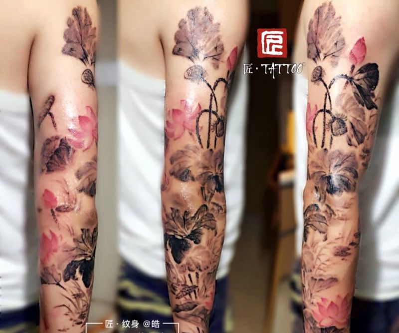 原创水墨花臂纹身图片_成品手臂国画植物静物原创纹身图案