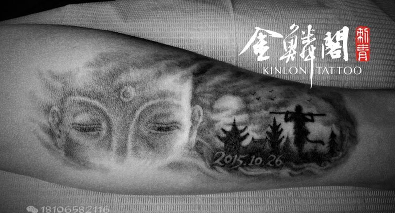 佛路，原创纹身图片_成品手臂传统写实鬼神宗教纹身图案