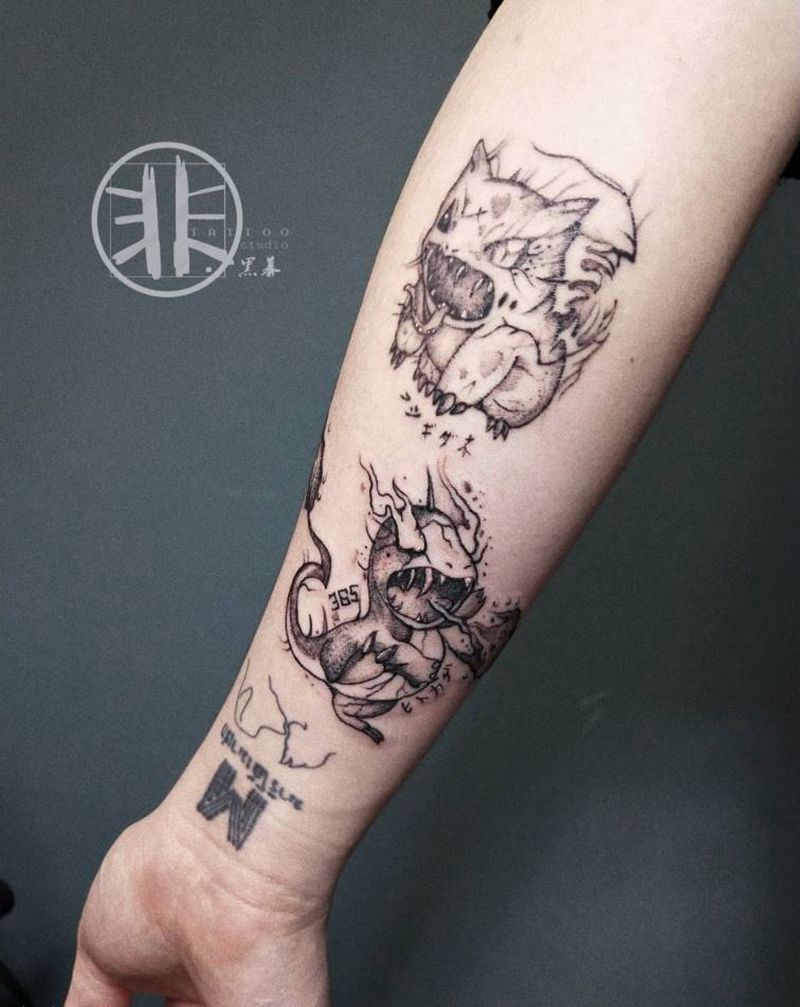 小火龙纹身图片_手臂欧美写实点刺单针素描纹身图案