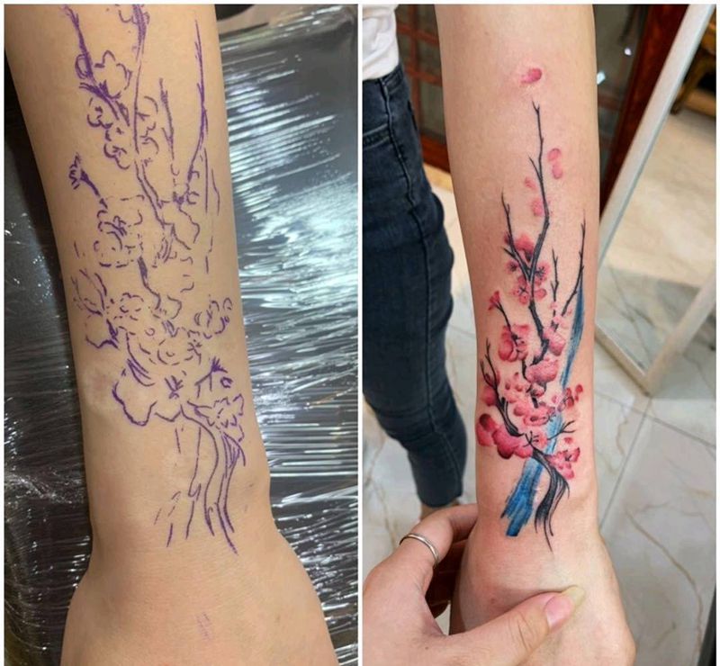 疤痕遮盖纹身图片_手部水彩水墨纹身图案