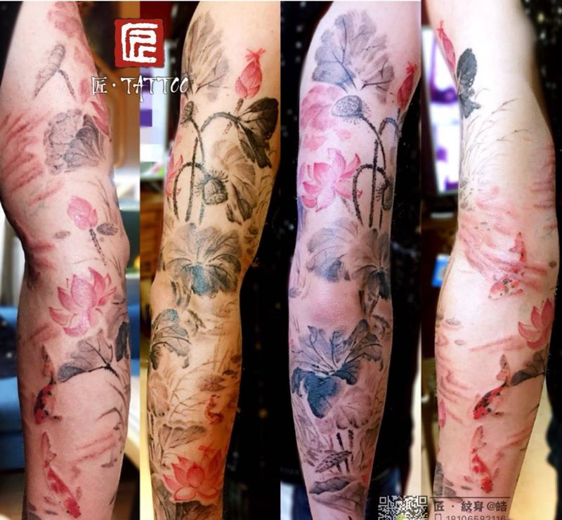 原创水墨花臂完工纹身图片_成品手臂国画静物植物原创纹身图案