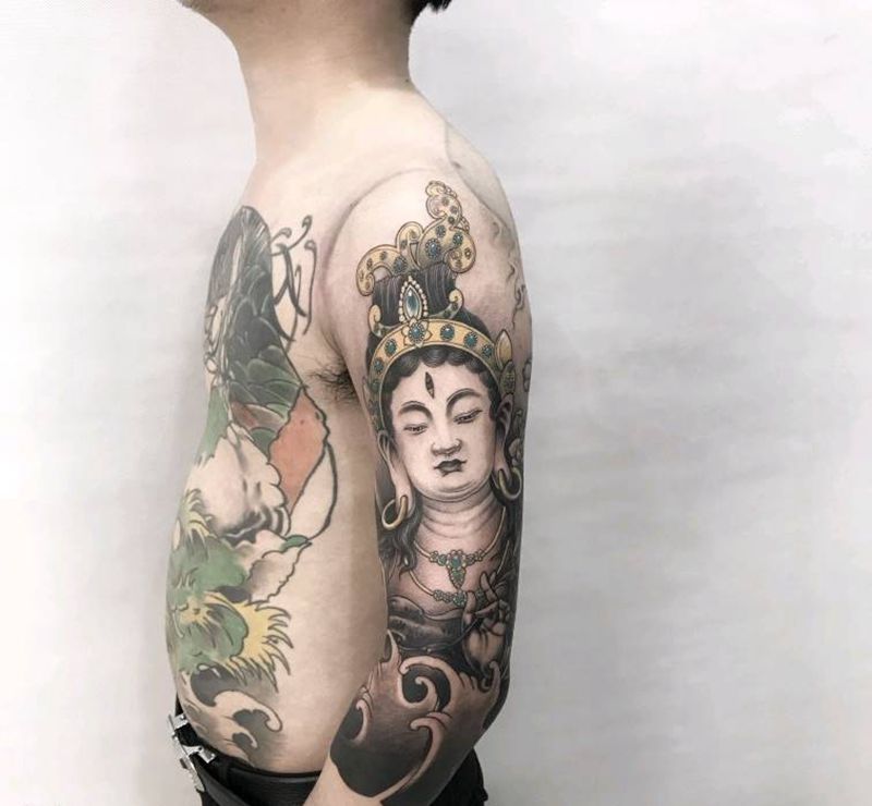 七分臂度母纹身图片_手臂新传统纹身图案