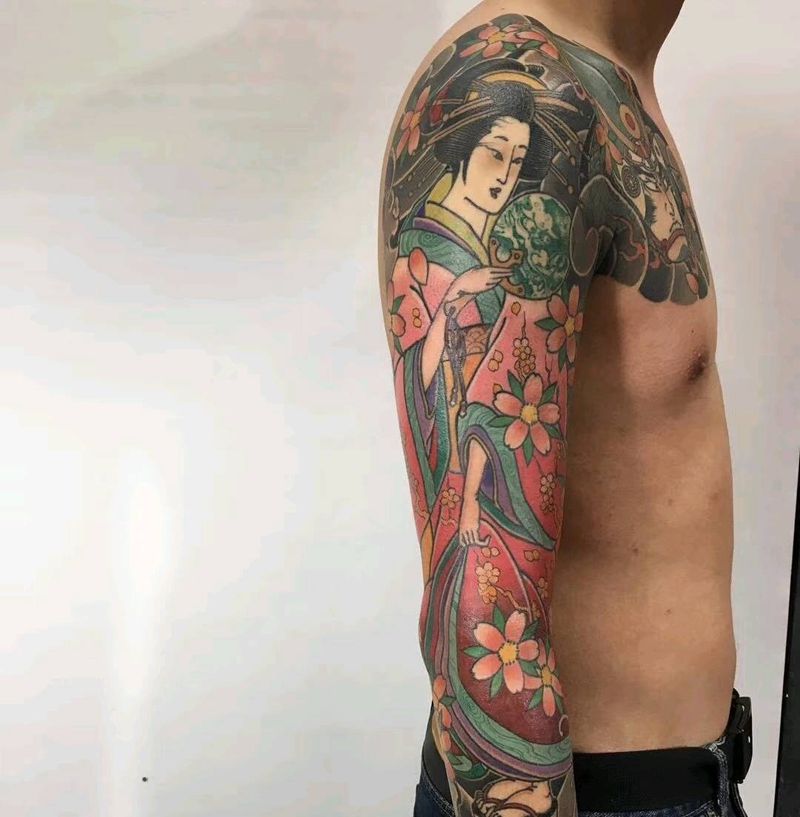 日式花臂纹身图片_手臂新传统水彩纹身图案