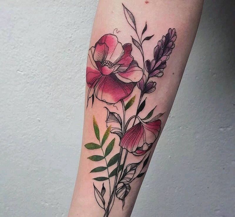 彩色素花纹身图片_手部水彩纹身图案