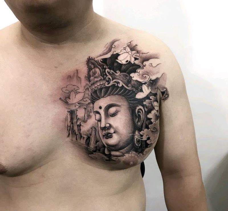 佛纹身图片_胸部新传统纹身图案