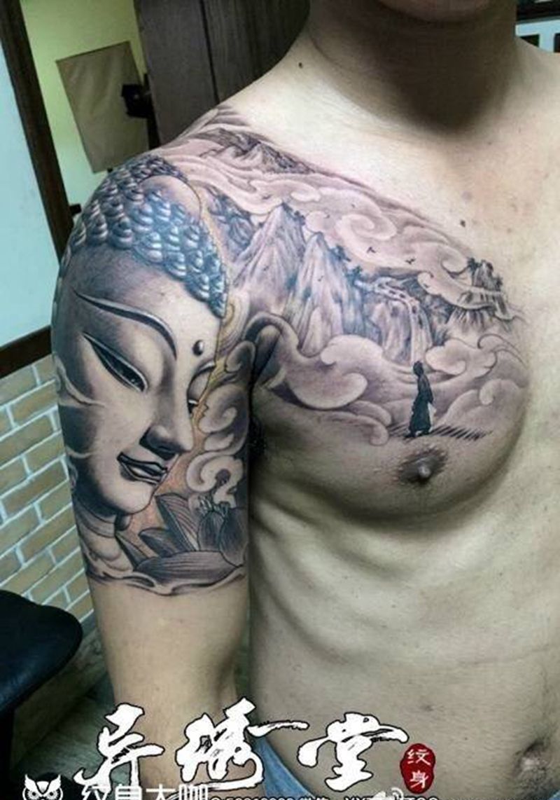 我问佛纹身图片_成品肩部手臂手部胸部传统肖像人物宗教原创纹身图案