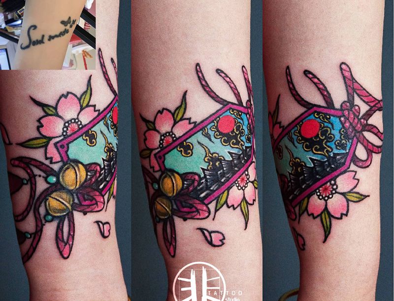 御守遮盖旧纹身纹身图片_手臂New SchoolOld School御守樱花纹身图案