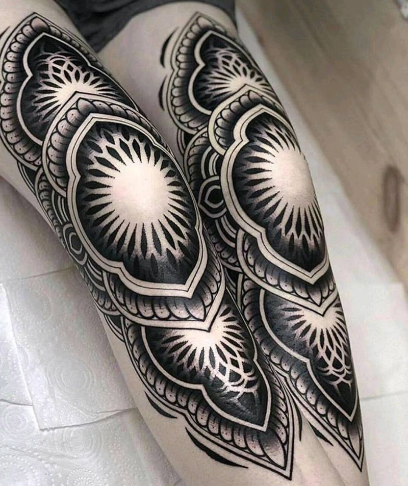 繁花点刺纹身图片_背部腿部点刺图腾纹身图案