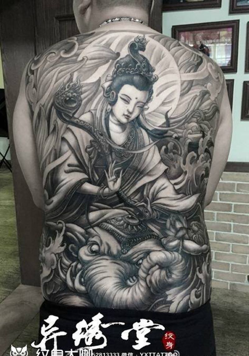 普贤菩萨纹身图片_成品背部传统肖像宗教纹身图案