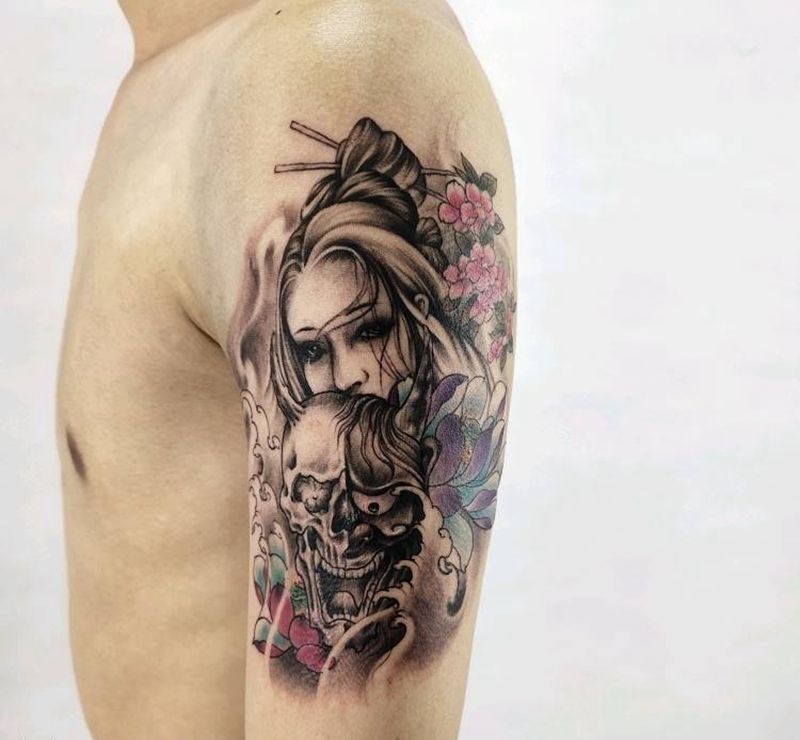 艺妓般若纹身图片_手臂新传统水彩纹身图案