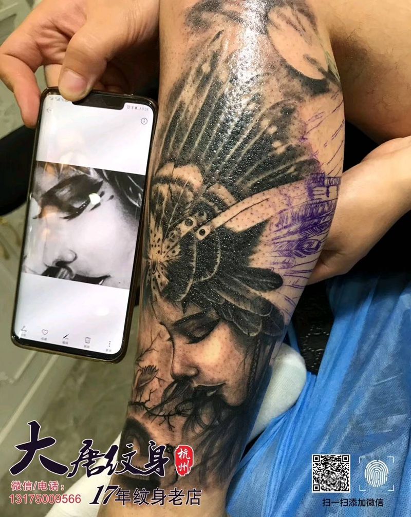 印第安美女纹身图片_腿部欧美写实纹身图案