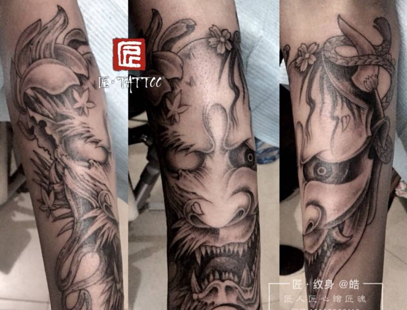 般若，小臂半包纹身图片_成品手臂写实传统鬼神宗教人物纹身图案