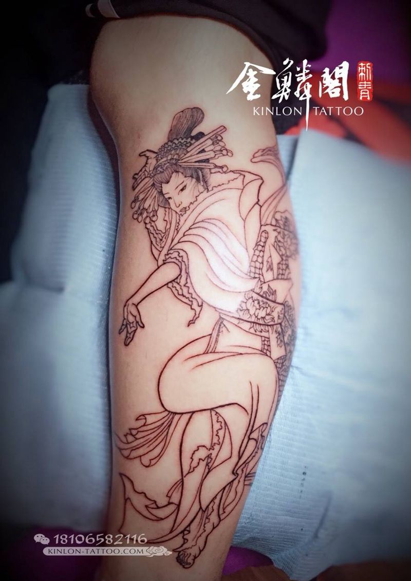 原创传统艺妓纹身图片_成品腿部传统人物原创纹身图案