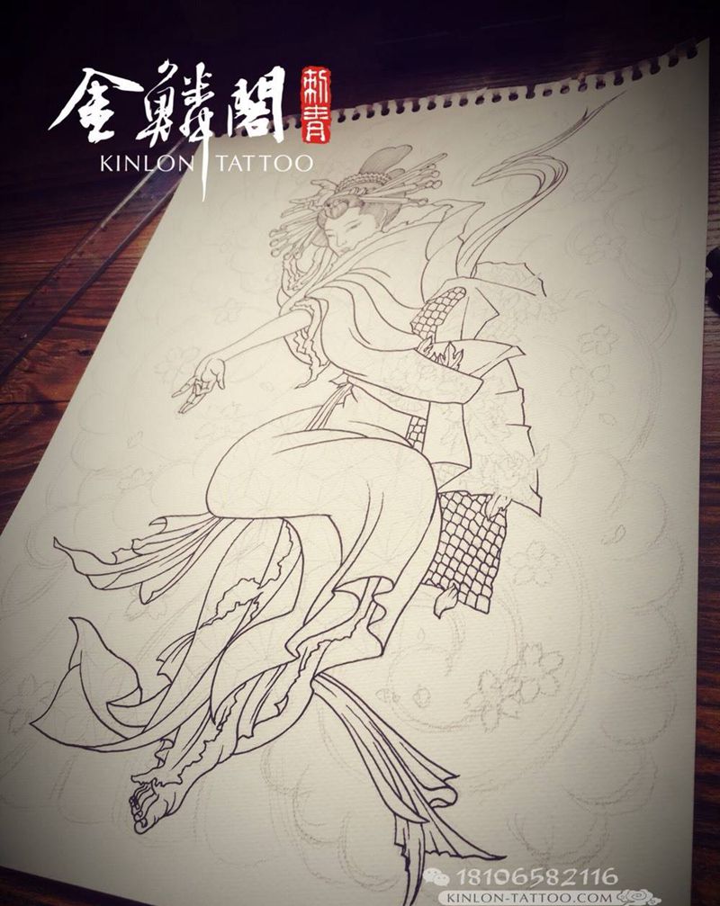 手稿，原创艺妓纹身图片_手稿背部手臂传统人物纹身图案