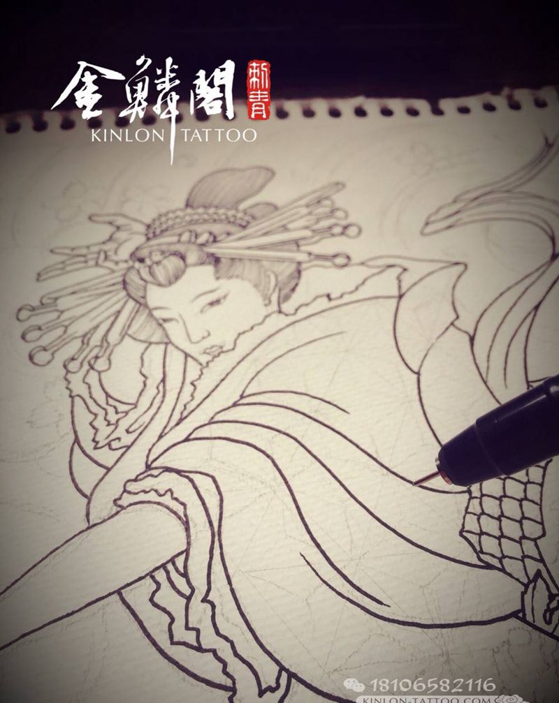 原创艺妓手稿纹身图片_手稿手臂传统人物纹身图案