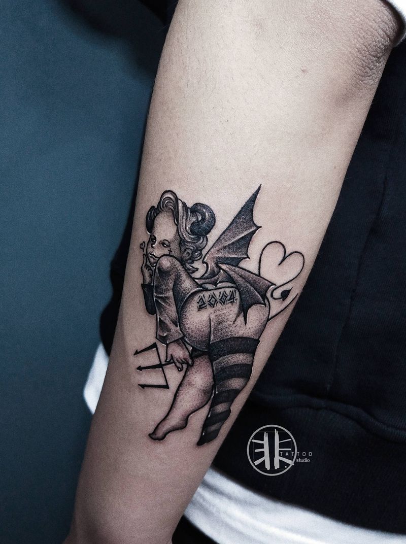 小天使纹身图片_手臂点刺小天使丘比特纹身图案