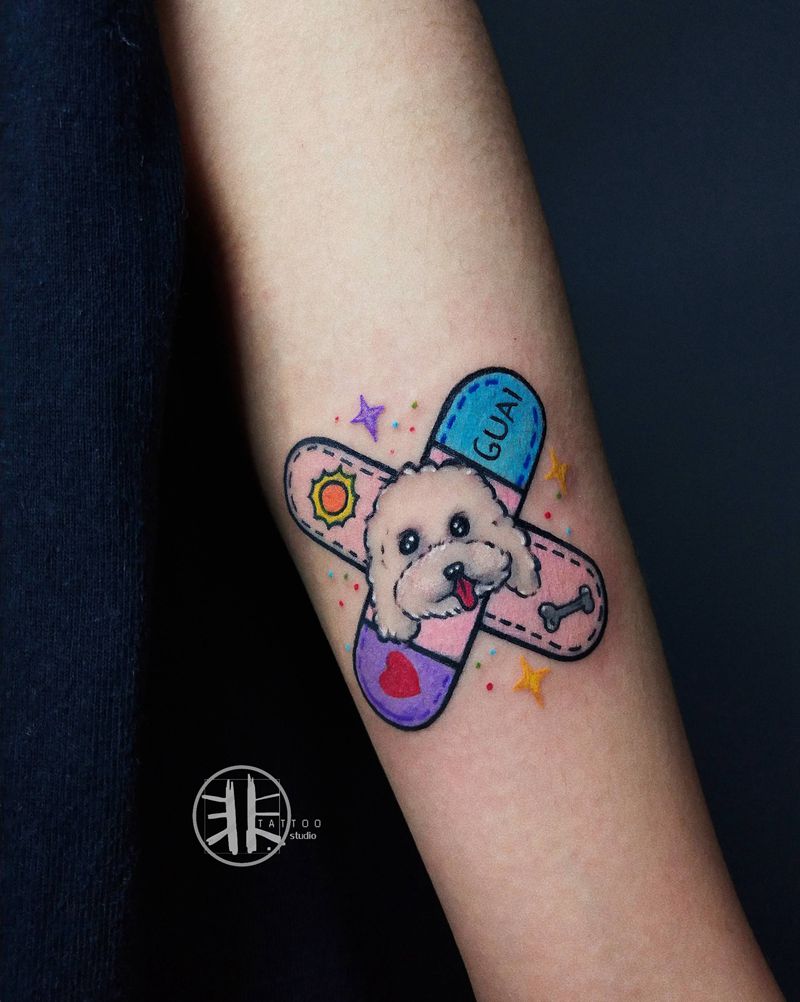 可爱小清新纹身图片_手臂New School宠物狗纹身图案